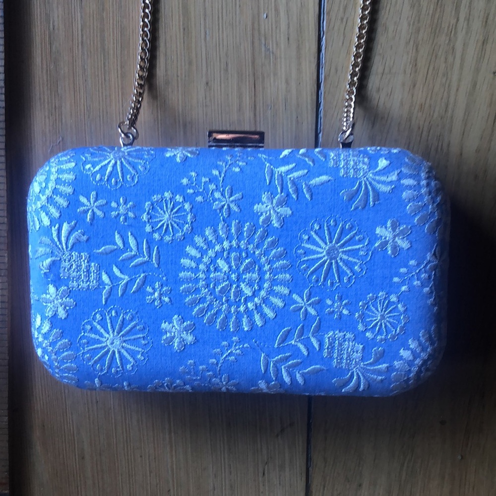 Evening clutch bag pale blue embroidery with shoulder strap